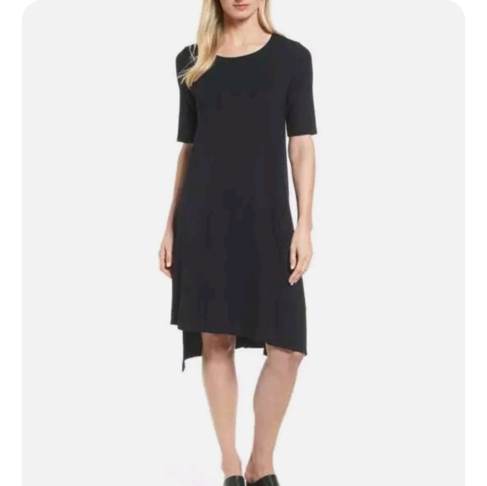 Eileen Fisher Dress Tencel Jersey Short Sleeve Asymmetric Hem Black Scoop Neck S